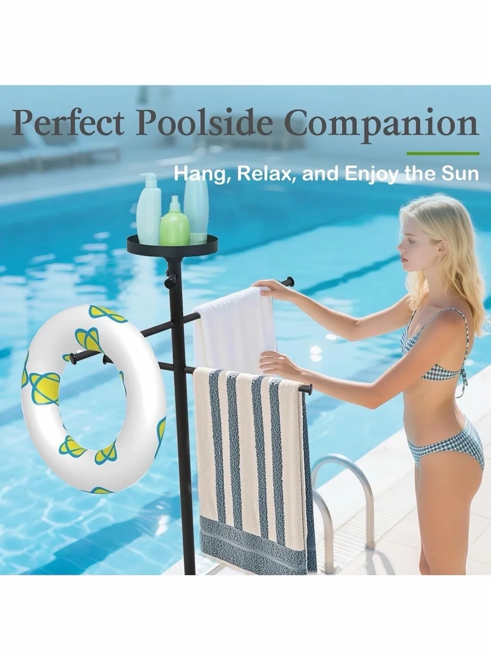 Freestanding 63” Black Multi-Arm Towel Rack  w Built-in Tray & Wheels